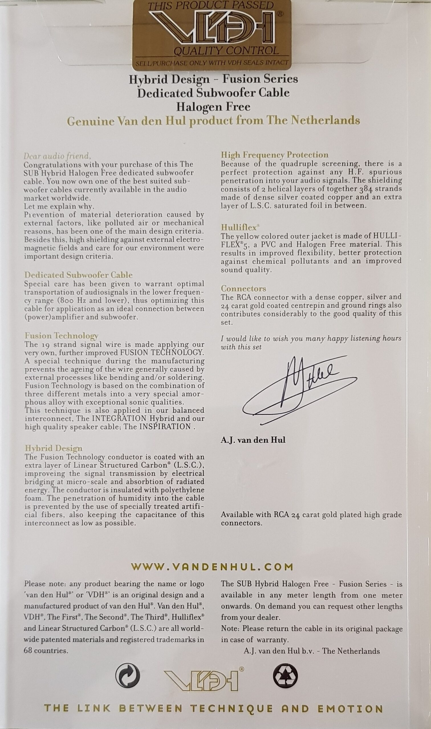 Van den Hul The Sub Hybrid RCA subwooferkabel met vergulde connectoren vanaf 1,0 meter - Afbeelding 5