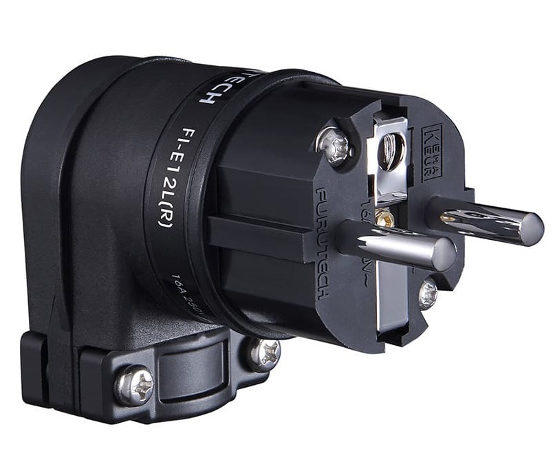 Furutech FI-E12L (R) Rhodium - haakse schuko netstekker 16A van Ø6,6mm tot Ø18mm