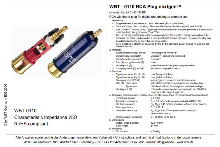 WBT-0110 AG (zilver) Nextgen Signature RCA-connector 75 Ohm tot Ø9mm per 4 stuks in showcase - Afbeelding 6