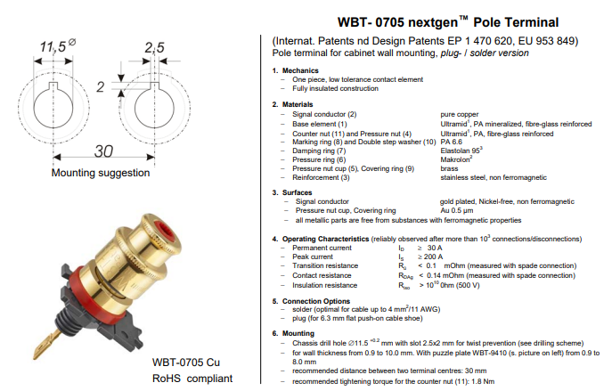 WBT-0705 Cu (koper) speakerterminal / binding post per set 4 stuks in showcase - Afbeelding 6