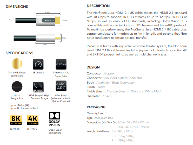 NorStone Jura HDMI-kabel Ultra High Speed 2.1 4K/8K 60 HZ 48 Gbps Bandwidth OFC copper 99.999% + 5% silver vanaf 1,0 meter - Afbeelding 8