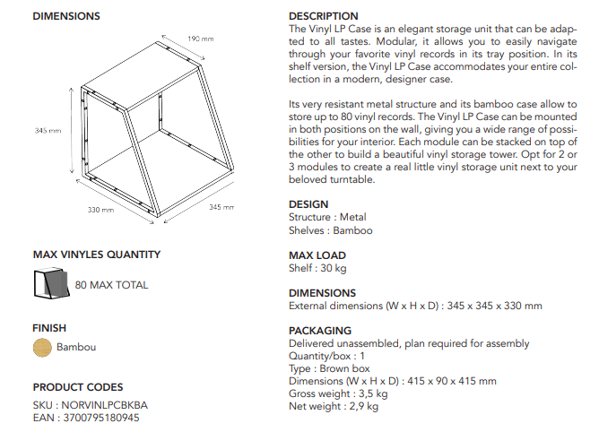 NorStone Vinyl LP Case zwart metaal met bamboo 345 x 345 x 330 mm (W x H x D) per stuk - Afbeelding 8