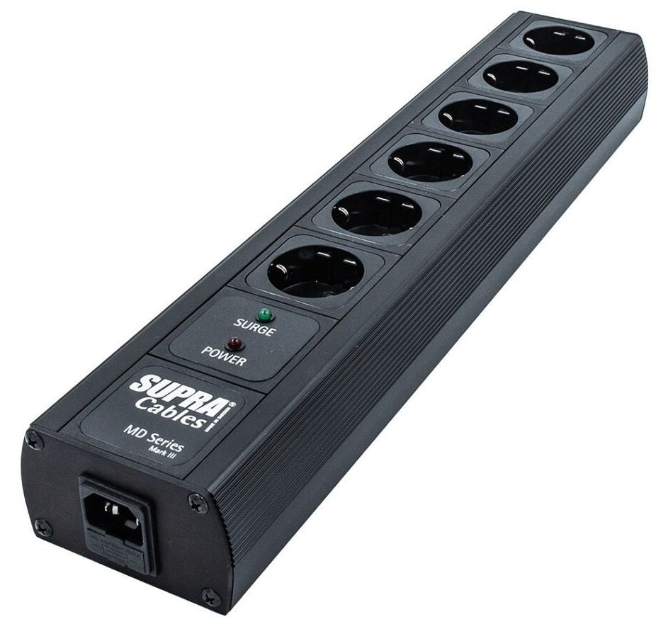 Supra MD 06 EU SPC / SP Black afgeschermd stekkerblok met Non-Intrusive Filtering (NIF) en verzilverde OFC bedrading 6 x schuko met C13 - 10A aansluiting  incl. 3-voudige overspanningsbeveiliging