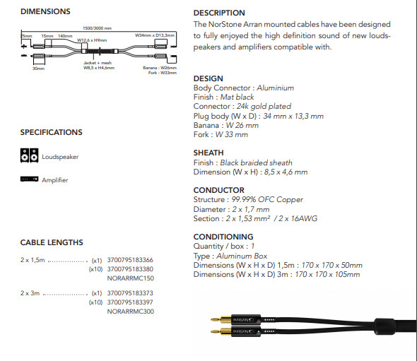 NorStone Arran luidsprekerkabel MC 99.99% OFC TC koper 2 x 1,53 mm2 AWG16 met 24K vergulde connectoren stereoset 2 stuks vanaf 3,0 meter - Afbeelding 5